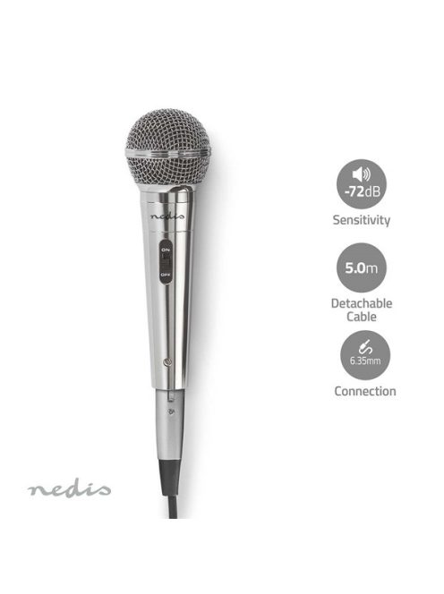 Nedis MPWD45GY dinamikus mikrofon, levehető kábel 5m, 80 Hz - 13 kHz 600 Ohm -72 dB Be/Ki kapcs.fém ezüst