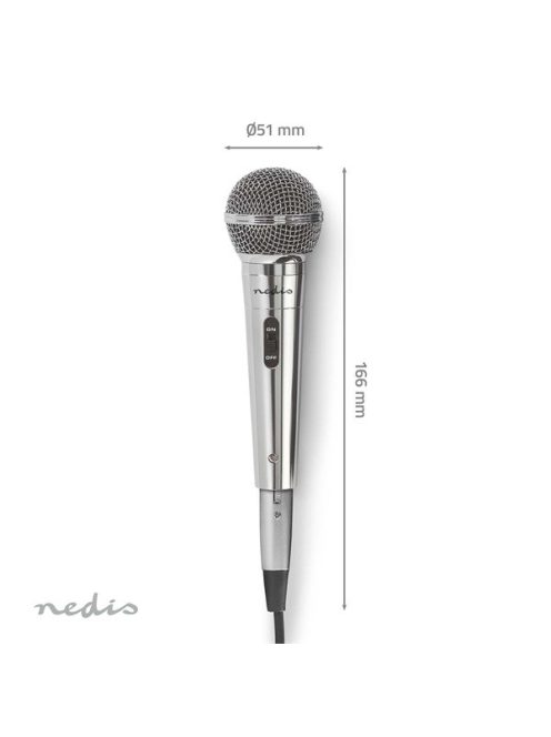 Nedis MPWD45GY dinamikus mikrofon, levehető kábel 5m, 80 Hz - 13 kHz 600 Ohm -72 dB Be/Ki kapcs.fém ezüst