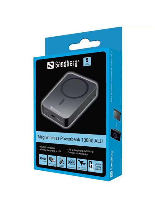 SANDBERG Hordozható akkumulátor, Mag Wireless Powerbank 10000 ALU