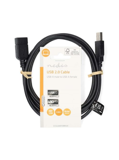 Nedis CCGL60010BK20 USB hosszabító / toldó kábel, USB2.0, hossz: 2m