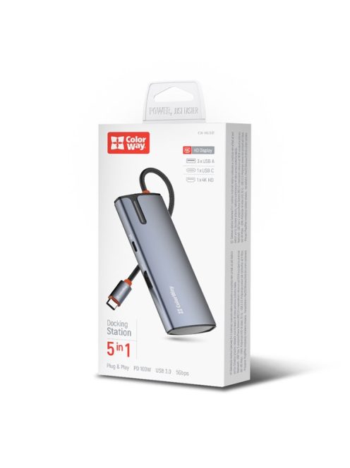 COLORWAY USB-elosztó (dokkolóállomás) CW-HUB01, ColorWay USB-C 5-b-1 Type C PD 100W/USB3.0x3/HDMI 4K