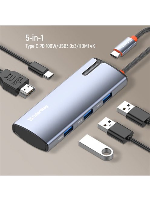 COLORWAY USB-elosztó (dokkolóállomás) CW-HUB01, ColorWay USB-C 5-b-1 Type C PD 100W/USB3.0x3/HDMI 4K