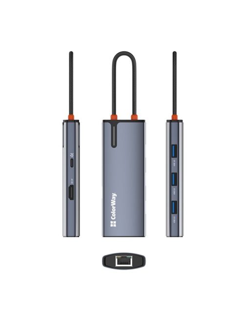 COLORWAY USB-elosztó (dokkolóállomás) CW-HUB02, USB-C 6-B-1 Type C PD 100W/USB3.0?3/HDMI 4?/RJ45