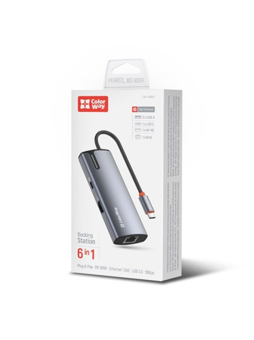 COLORWAY USB-elosztó (dokkolóállomás) CW-HUB02, USB-C 6-B-1 Type C PD 100W/USB3.0?3/HDMI 4?/RJ45