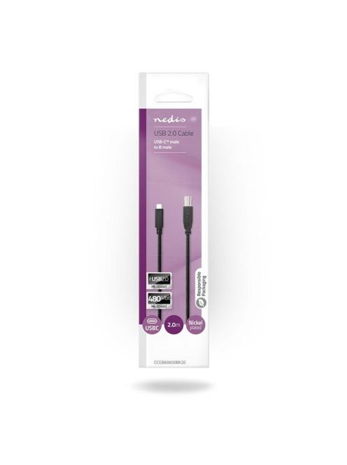 Nedis CCGB60650BK20 USB-C dugó - USB- B dugó (USB C - USB B) kábel, 480 Mbps, 2m