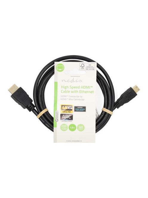 Nedis CVGL34500BK15 mini HDMI - HDMI kábel, 4K@30Hz, 10,2 Gbps, 1,5m