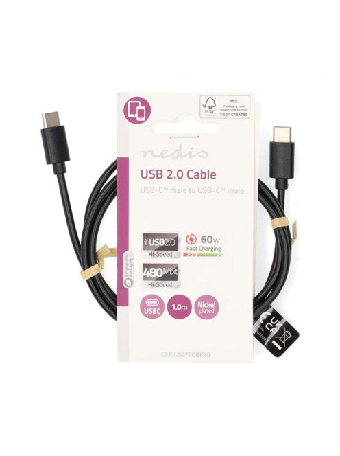 Nedis CCGL60700BK10 USB C - USB C (USB-C) kábel, USB2.0, 60W, hossz 1m