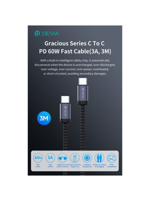 Devia Gracious Series 60W PD Type-C/Type-C adat- és töltőkábel 3m - fekete