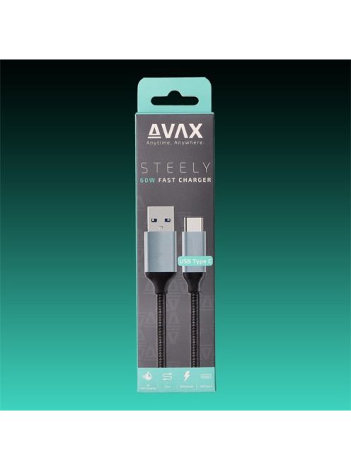 AVAX Töltőkábel, USB-A - USB-C, 3A, 1,5 méter, acélszürke