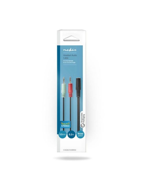 Nedis CAGB22160BK02 sztereo audio kábel, 2x 3,5 mm jack dugó - 3,5 mm sztereo jack aljzat, 0,20m