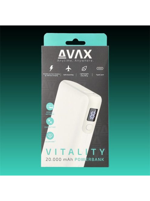 AVAX Powerbank USB-C 65W+QC 18W 20000mAh, fehér
