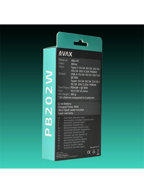 AVAX Powerbank USB-C 65W+QC 18W 20000mAh, fehér