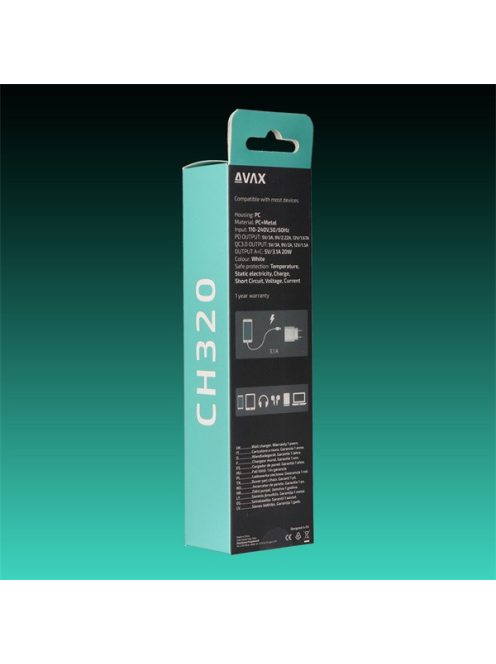 AVAX Hálózati töltő USB-A USB-C 20W, fehér