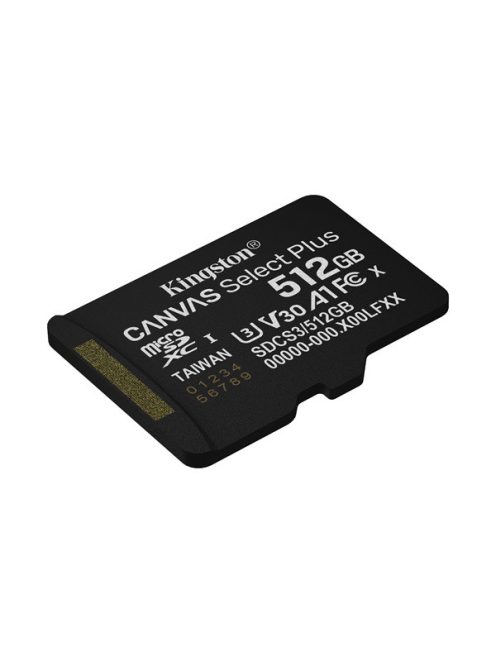 KINGSTON Memóriakártya MicroSDXC 512GB Canvas Select Plus Gen3 150R A1 Adaprer nélkül