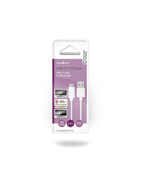 Nedis CCGB60600WT20 USB-A dugó - USB-C (USB C) dugó kábel, 60W, fehér, 2m