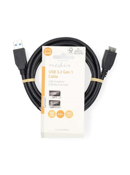 Nedis CCGL61500BK20 USB3.2 - micro-B (micro B) kábel, 5 Gbps, 2m, (USB3.1, USB3.0, USB2.0)