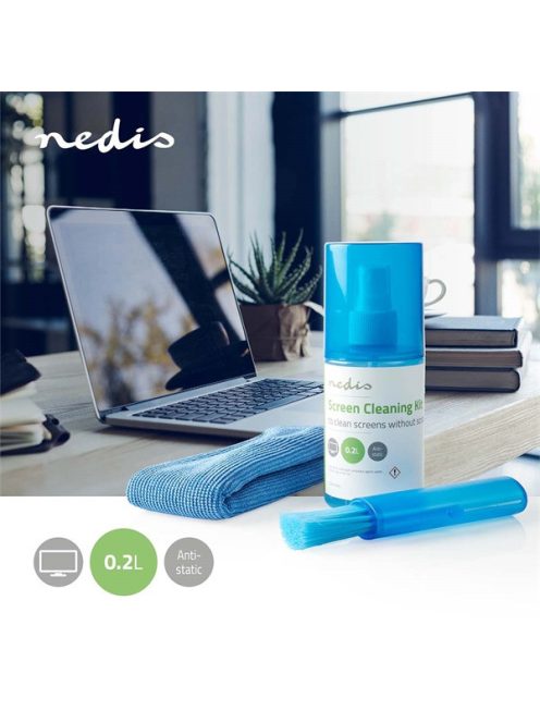 Nedis CLSN120BU LCD TV / nonitor kijelző / képernyő tisztító készlet, 200 ml, tisztító kendő, porecset