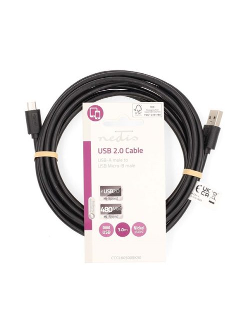 Nedis CCGL60500BK30 USB 2.0  USB-A dugó  - USB Micro-B dugó  11 W 480 Mbps, 3m