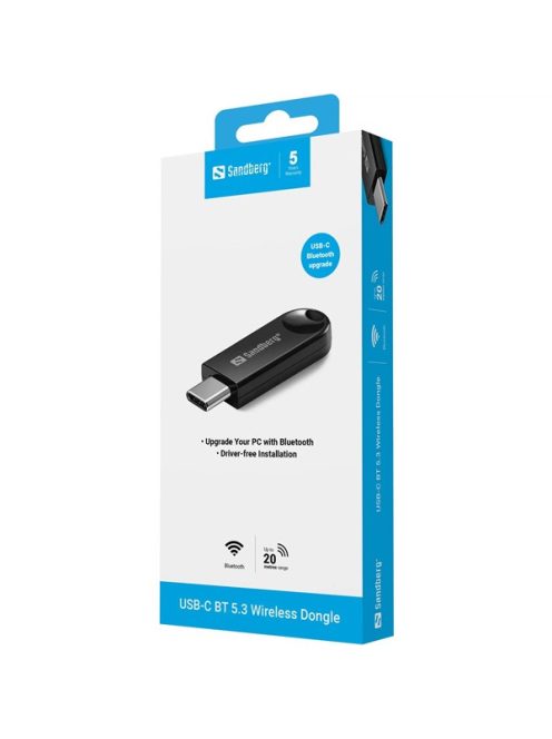 SANDBERG USB-C BT 5.3 Wireless dongle, Upgrade your PC with Bluetooth, Driver-free installation, 20m, 5 év garancia