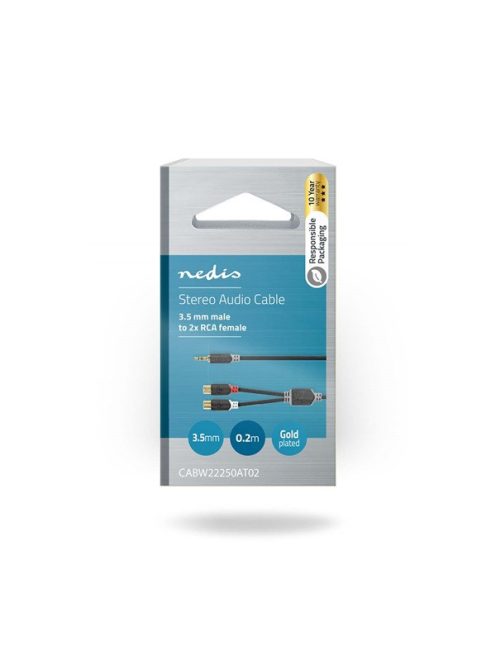 Nedis CABW22250AT02 sztereo audió kábel 3,5mm sztereo jack - 2x RCA aljzat,  Aranyozott,  0,20m