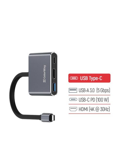COLORWAY USB hub (dokkolóállomás) ColorWay USB-C 3 az 1-ben Type C PD 100W/USB3.0/HDMI 4K (CW-HUB08)