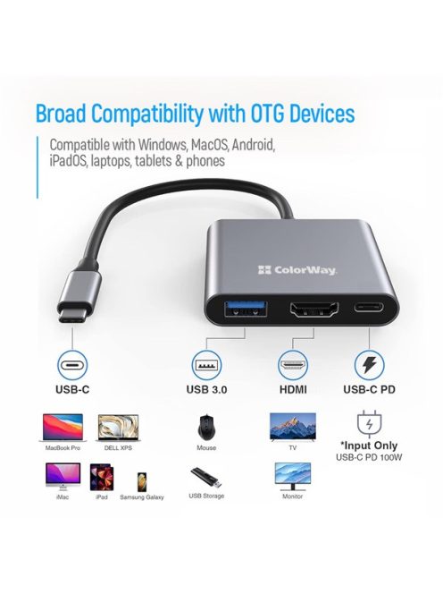 COLORWAY USB hub (dokkolóállomás) ColorWay USB-C 3 az 1-ben Type C PD 100W/USB3.0/HDMI 4K (CW-HUB08)