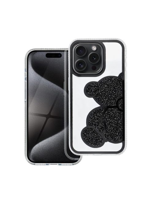 Teddy Bear iPhone 16 Plus csillogó köves tok, fekete