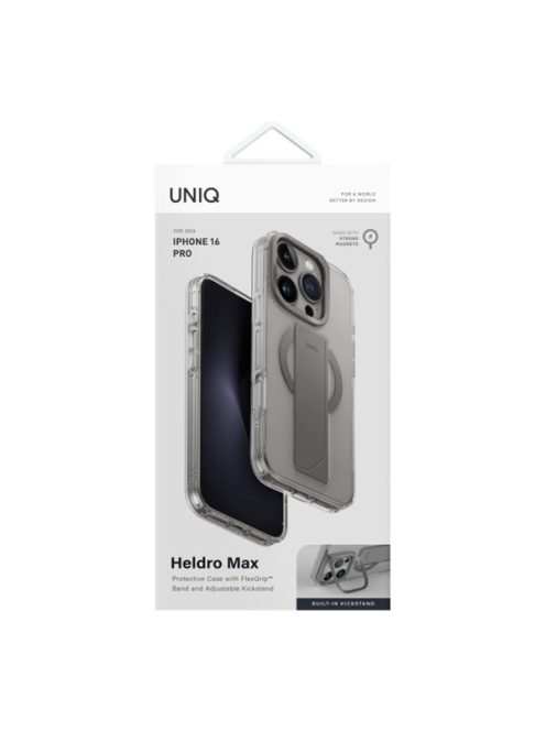 Uniq Heldro Max iPhone 16 Pro MagSafe tok kitámasztóval, átlátszó