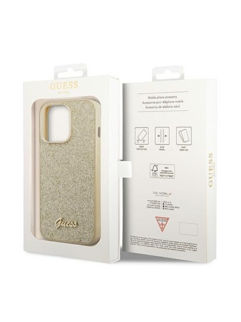 Guess Glitter Flakes Metal Logo Apple iPhone 14 Pro hátlap tok, arany