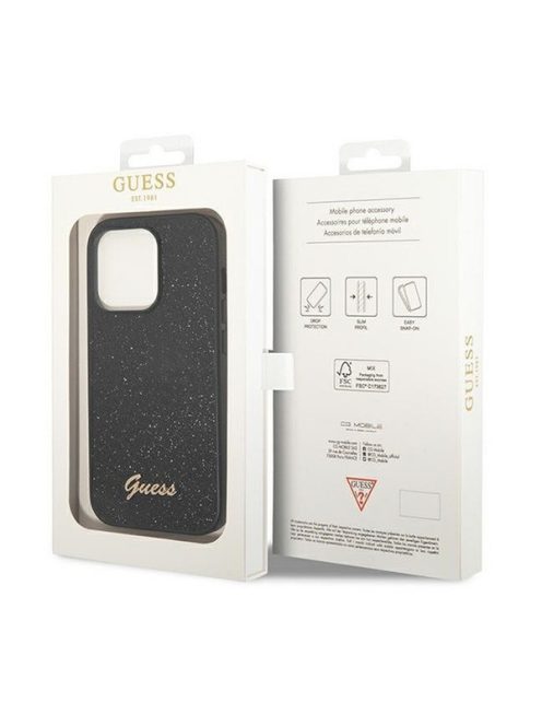 Guess Glitter Flakes Metal Logo Apple iPhone 14 Pro hátlap tok, fekete