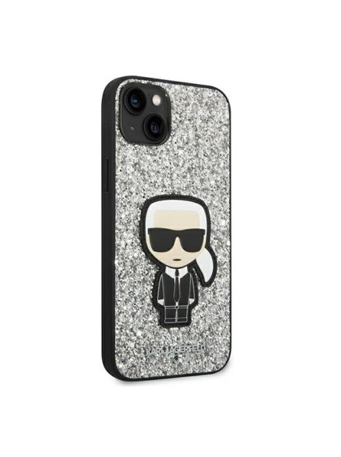 Karl Lagerfeld Glitter Flakes Ikonik Apple iPhone 14 Plus hátlap tok, ezüst