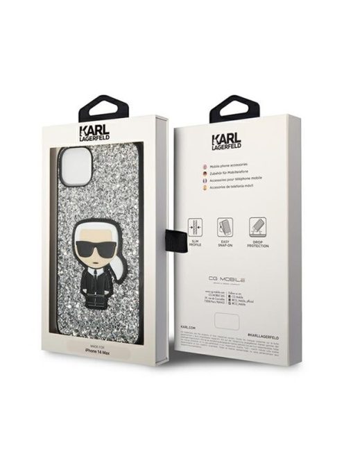 Karl Lagerfeld Glitter Flakes Ikonik Apple iPhone 14 Plus hátlap tok, ezüst