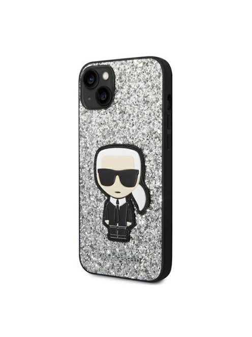 Karl Lagerfeld Glitter Flakes Ikonik Apple iPhone 14 hátlap tok, ezüst