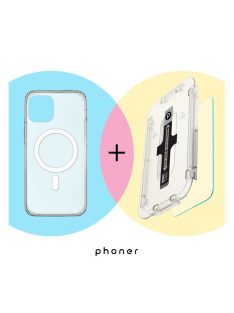   Phoner Mag Pack Apple iPhone 14 Plus Magsafe tok, átlátszó + Master Clear Felhelyező keretes Tempered fólia