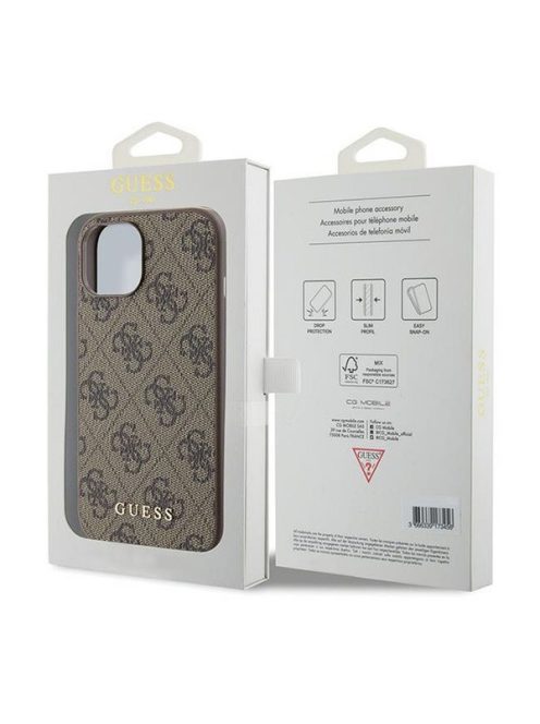 Guess 4G Metal Gold Logo Apple iPhone 15 hátlap tok, barna