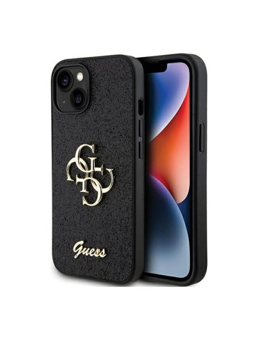 Guess Glitter Script Big 4G Apple iPhone 15 hátlap tok, fekete