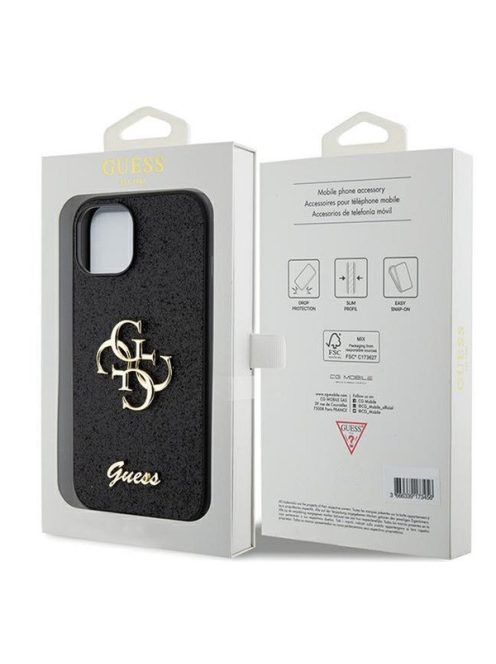 Guess Glitter Script Big 4G Apple iPhone 15 hátlap tok, fekete