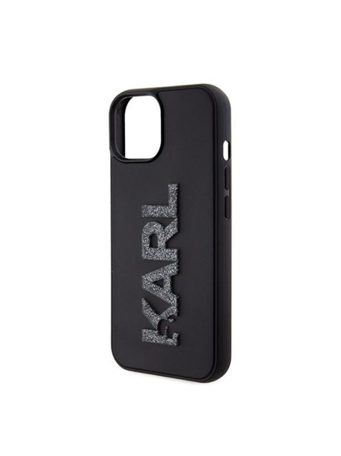 Karl Lagerfeld 3D Rubber Glitter Logo Apple iPhone 15 hátlap tok, fekete