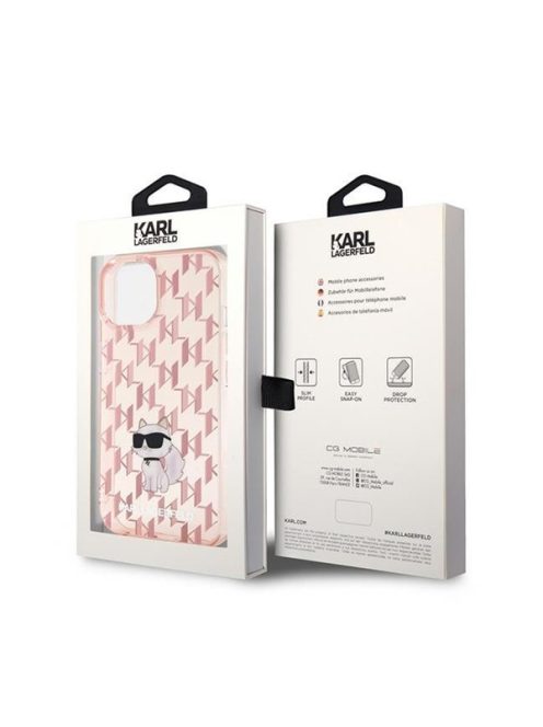 Karl Lagerfeld Monogram Choupette Apple iPhone 15 hátlap tok, rózsaszín