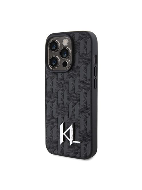 Karl Lagerfeld Leather Monogram Hot Stamp Metal Apple iPhone 15 Pro Max hátlap tok, fekete