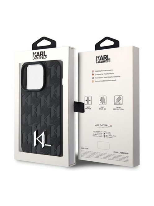 Karl Lagerfeld Leather Monogram Hot Stamp Metal Apple iPhone 15 Pro Max hátlap tok, fekete