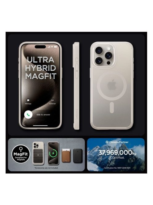 Spigen Ultra Hybrid Magfit Apple iPhone 15 Pro tok, MagSafe, bézs kerettel, átlátszó