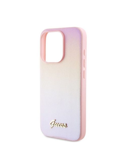 Guess PU Leather Iridescent Metal Script iPhone 15 Pro tok, rózsaszín