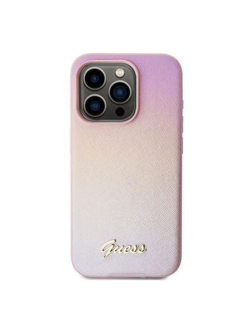 Guess PU Leather Iridescent Metal Script iPhone 15 Pro tok, rózsaszín