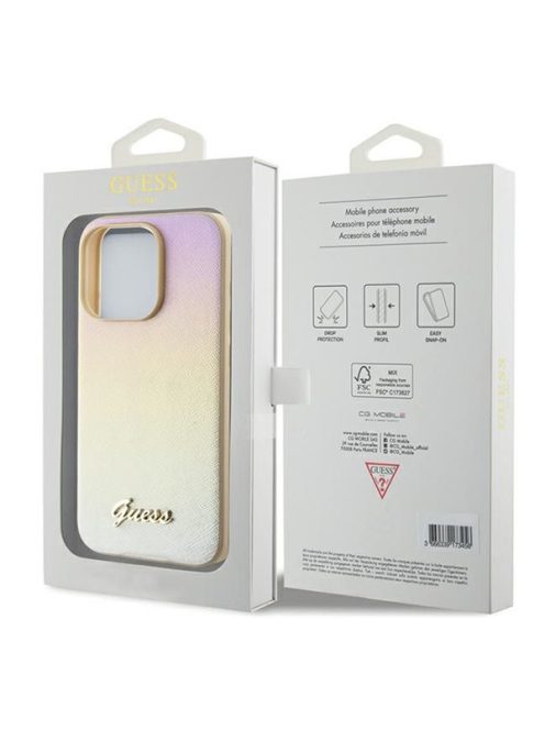 Guess PU Leather Iridescent Metal Script iPhone 15 Pro tok, arany