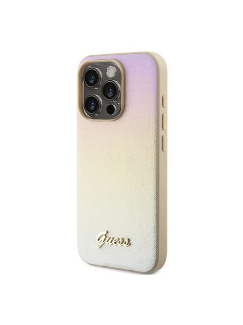 Guess PU Leather Iridescent Metal Script iPhone 15 Pro tok, arany