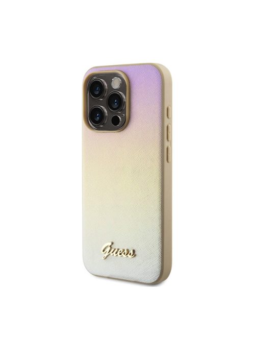 Guess PU Leather Iridescent Metal Script iPhone 15 Pro Max tok, arany