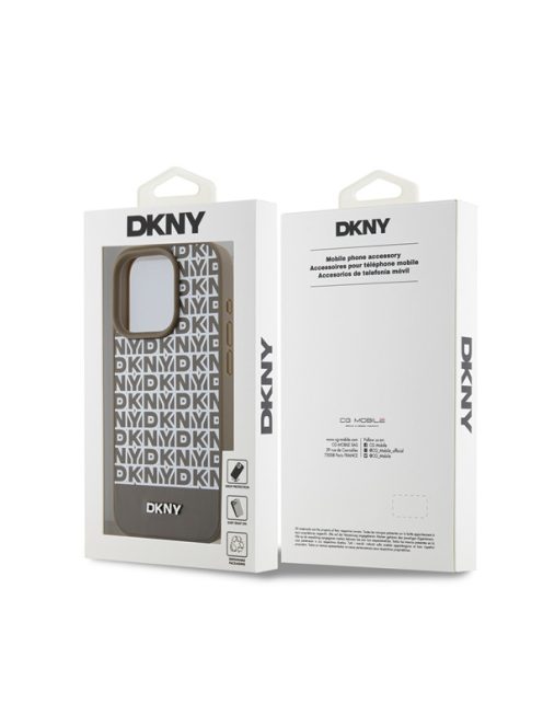 DKNY PU Leather Repeat Pattern Bottom Stripe Apple iPhone 15 Pro tok, barna