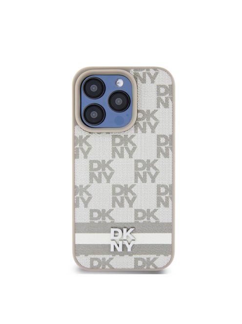 DKNY PU Leather Checkered Pattern and Stripe Apple iPhone 15 Pro tok, bézs