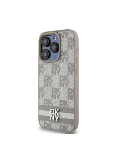 DKNY PU Leather Checkered Pattern and Stripe Apple iPhone 15 Pro tok, bézs